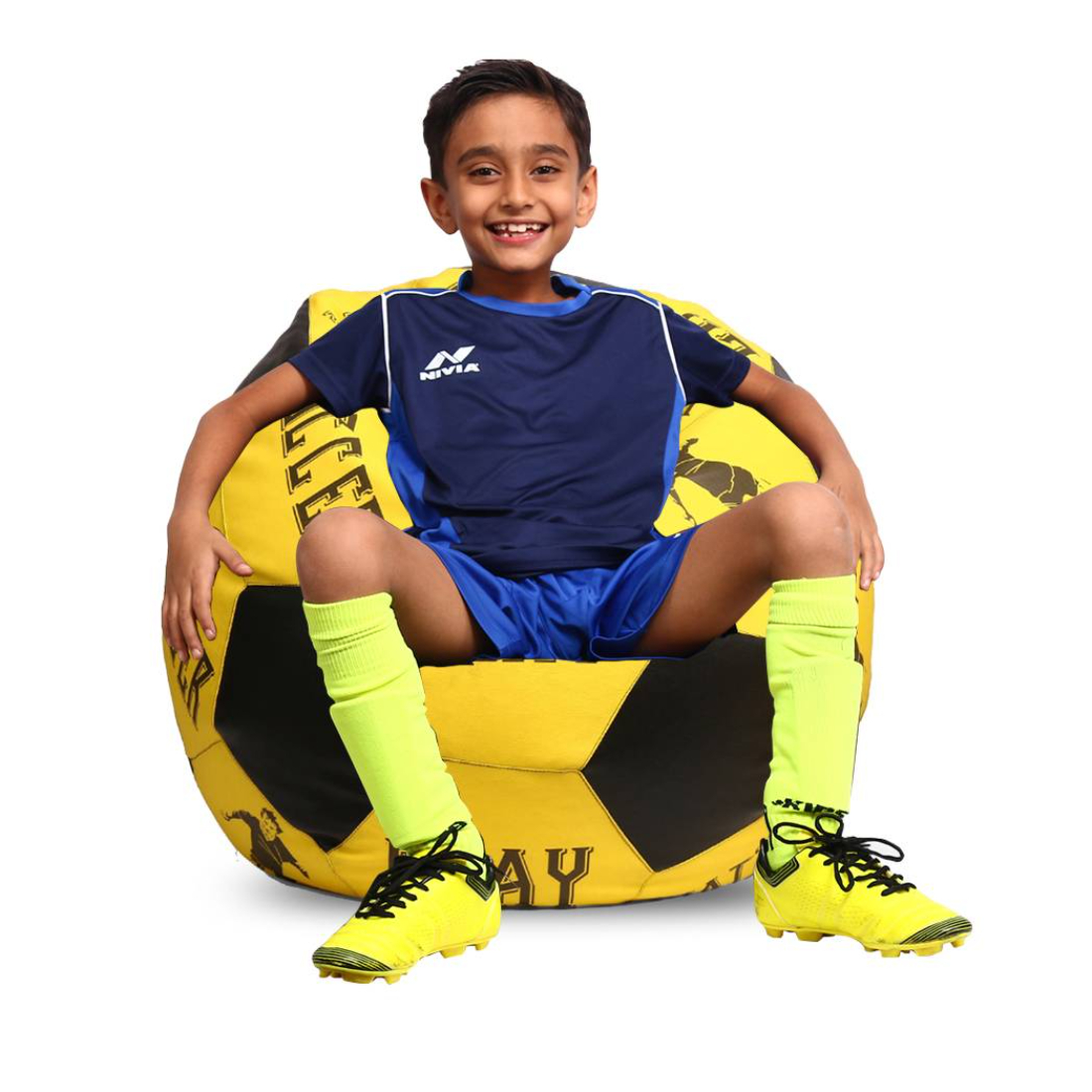 Orka Digital Printed Kids Foorball With Mathching Footstool Filled Bean Bag With Beans (FB71 Yellow,Black)